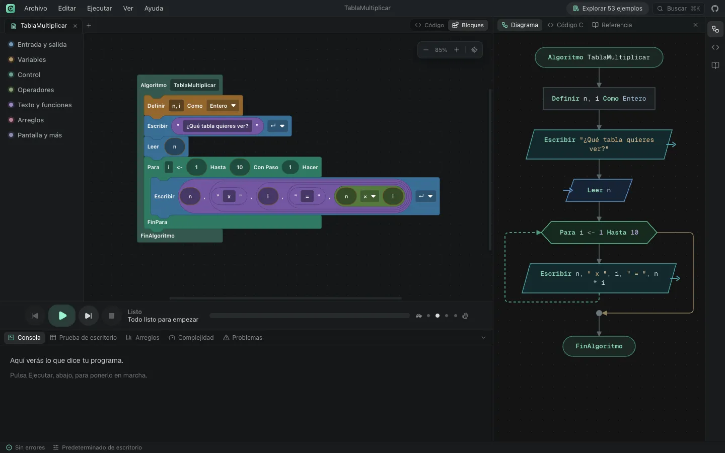 Modo Bloques de Codoritmo con el algoritmo TablaMultiplicar armado en bloques de colores: Definir n, i Como Entero, Escribir, Leer n y un ciclo Para con un Escribir dentro; al lado, su diagrama de flujo.